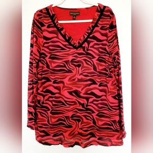 Dana Buchman Women's Blouse Mesh Overlay Red/Black V-Neck Beaded 1X